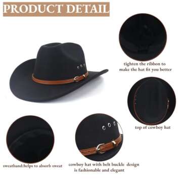 LIDHAY Cowboy Hat for Women and Men Felt Wide Brim Classic Outdoor Fedora Hats Western Cowboy Cowgirl Hats with Belt Buckle 3 Black