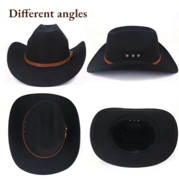 LIDHAY Cowboy Hat for Women and Men Felt Wide Brim Classic Outdoor Fedora Hats Western Cowboy Cowgirl Hats with Belt Buckle 3 Black