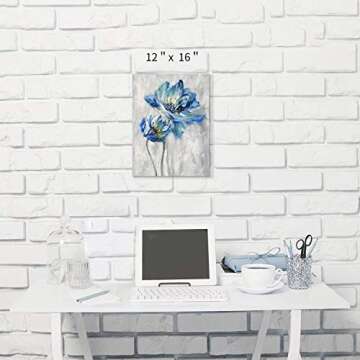 Flower Artwork Canvas Wall Art: Abstract Bright Blue Lotus Floral Picture Giclee Print on Canvas for Bathroom (12” x 16” x 1 Panel)