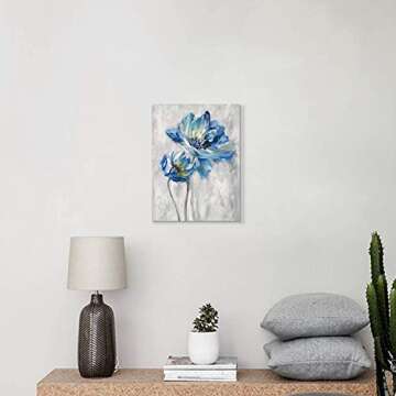 Flower Artwork Canvas Wall Art: Abstract Bright Blue Lotus Floral Picture Giclee Print on Canvas for Bathroom (12” x 16” x 1 Panel)
