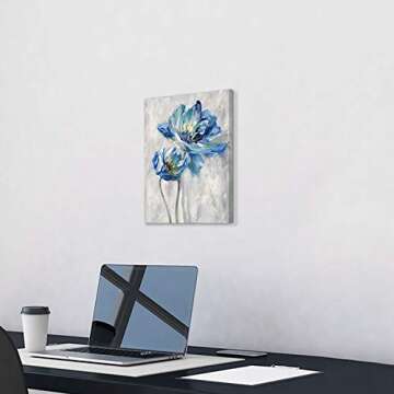 Flower Artwork Canvas Wall Art: Abstract Bright Blue Lotus Floral Picture Giclee Print on Canvas for Bathroom (12” x 16” x 1 Panel)