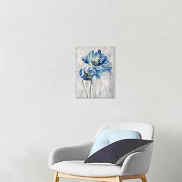 Flower Artwork Canvas Wall Art: Abstract Bright Blue Lotus Floral Picture Giclee Print on Canvas for Bathroom (12” x 16” x 1 Panel)