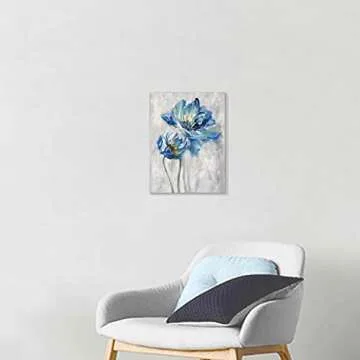 Flower Artwork Canvas Wall Art: Abstract Bright Blue Lotus Floral Picture Giclee Print on Canvas for Bathroom (12” x 16” x 1 Panel)