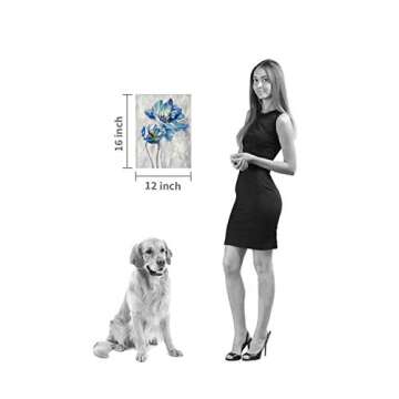 Flower Artwork Canvas Wall Art: Abstract Bright Blue Lotus Floral Picture Giclee Print on Canvas for Bathroom (12” x 16” x 1 Panel)