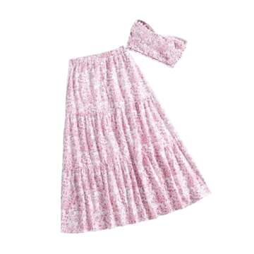 SOLY HUX Women's Summer 2 Piece Vacation Cruise Outfits Floral Print Tube Top and Maxi Skirt Set Red and White Floral X-Small