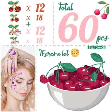 qiipii 60 Pcs 3D Cherry Nail Charms Cherry Nail Rhinestones Nail Art Shiny Gems Nail Studs Cute Fruit Nail Diamond Crystal Luxury Jewelry for Nails Face Makeup Women Crafts DIY(Pink/Red Gold, 6mm/8mm)