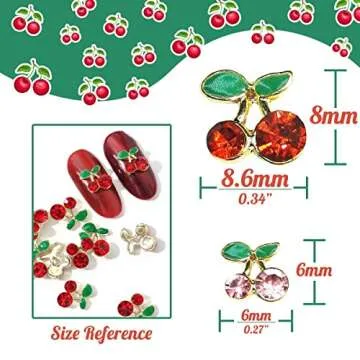qiipii 60 Pcs 3D Cherry Nail Charms Cherry Nail Rhinestones Nail Art Shiny Gems Nail Studs Cute Fruit Nail Diamond Crystal Luxury Jewelry for Nails Face Makeup Women Crafts DIY(Pink/Red Gold, 6mm/8mm)