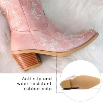 GOSERCE Women's Western Cowboy Cowgirl Boots Floral Embroidery Pointed Toe Mid Calf Chunky Heel 2.5" Pull-On Fashion Boots Pink,11