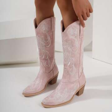 GOSERCE Women's Western Cowboy Cowgirl Boots Floral Embroidery Pointed Toe Mid Calf Chunky Heel 2.5" Pull-On Fashion Boots Pink,11