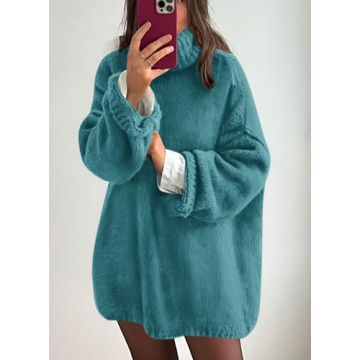 PRETTYGARDEN Women's Knit Oversized Sweater Fall Fashion Casual Long Sleeve Turtleneck Loose Chunky Pullover Tops (Blue Green,Large)