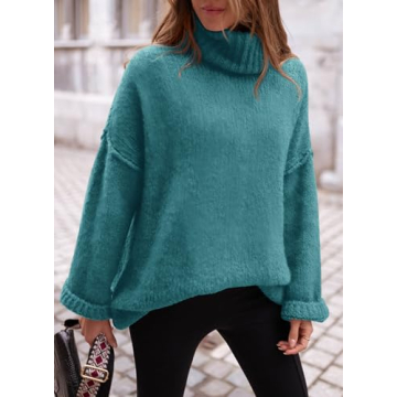 PRETTYGARDEN Women's Knit Oversized Sweater Fall Fashion Casual Long Sleeve Turtleneck Loose Chunky Pullover Tops (Blue Green,Large)
