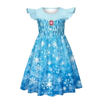 LQSZ Girls Nightgown Flutter Sleeves Pajamas Blue Snow Princess Casual Dress for Girls 5 6t