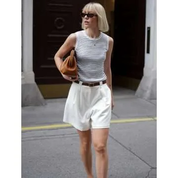 GOELIA White Elastic High Waisted Shorts for Women Wide Leg Loose A-Line Shorts with Belt and Pockets