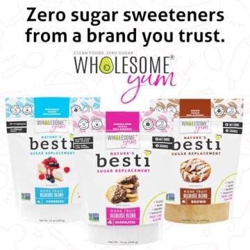 Wholesome Yum Besti Natural Sugar Substitute - Keto Granulated Monk Fruit Sweetener Blend With Allulose (No Erythritol) - Non GMO, Zero Calorie, Zero Carb, Sugar Free, No Aftertaste (12 oz)