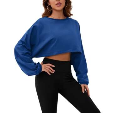 Meladyan Women Long Sleeve Crewneck Crop Top Sweatshirt Casual Solid Loose Fit Workout Cropped Pullo...