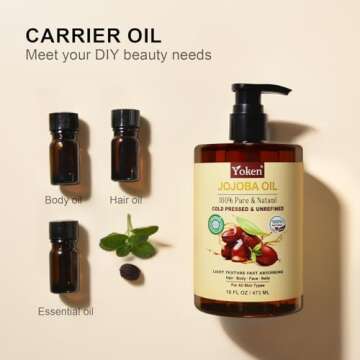 Yoken Pure Jojoba Oil EWG Verified 16 fl oz, 100% Natural Jojoba Oil for Hair, Skin & Face, Cold Pressed Unrefined, Deeply Moisturizing Body Oil Jojoba Carrier Oil for Essential Oils Mixing