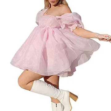 Pejihota Women's Off-Shoulder Mini Princess Dress in Pink