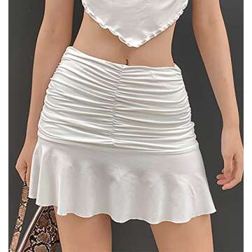 SAFRISIOR Women Ruched Ruffle Short Skirt High Waisted Stretch Pleated Tennis E-Girls 90s A-Line Mini Skirt White