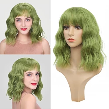 Vibrant Grass Green Wavy Bob Wig - Perfect for Cosplay & Halloween
