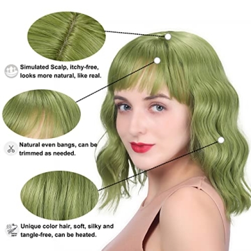Grass Green Wavy Bob Wig for Cosplay Halloween Comfort