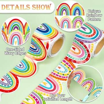 60ft Bulletin Board Border Decorations - 2 Rolls Rainbow Coated Classroom Rolled Border Trim for Classroom Back to School Chalkboard Board Border Decor