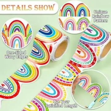 60ft Bulletin Board Border Decorations - 2 Rolls Rainbow Coated Classroom Rolled Border Trim for Classroom Back to School Chalkboard Board Border Decor