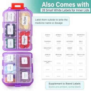 1 Pack Travel Handy Pill Organizer/Holder Box w Labels & 1 Drawstring Pouch, Small 10 Compartments Pocket Pharmacy Portable Medicine Container Case - Daily Weekly Medication Organizer - Purple