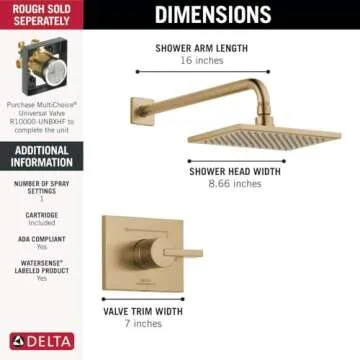 DELTA T14253-CZ-WE Vero 14 Series Function Trim Kit with Single-Spray Touch-Clean Rain Head, Champagne Bronze Shower Only, Without Rough