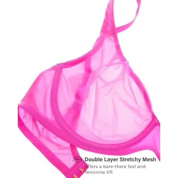 INLYRIC Women's Mesh Balconette Bra Sexy Demi Supportive Comfortable Seamless Underwire Unlined Sheer Bras Bright Pink - Sheer 34B