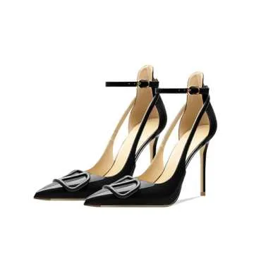 Qunvngutui Women's Pointed-Toe Bag-Toe Strappy V Buckle High-Heeled Shoes Sexy Stiletto Pumps Black Patent Leather US6