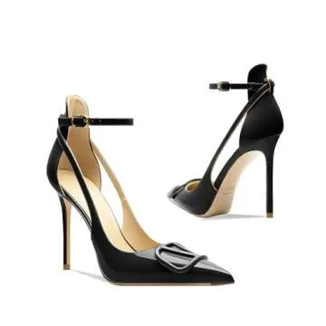 Qunvngutui Women's Pointed-Toe Bag-Toe Strappy V Buckle High-Heeled Shoes Sexy Stiletto Pumps Black Patent Leather US6