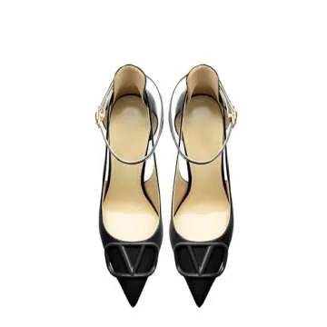 Qunvngutui Women's Pointed-Toe Bag-Toe Strappy V Buckle High-Heeled Shoes Sexy Stiletto Pumps Black Patent Leather US6
