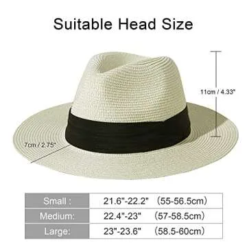 Lanzom Summer Beach Sun Hats for Men Women Foldable Travel Packable Staw Hat, Wide Brim Hat (Style B-Ivory White, Medium Size:Fit for 22.5"-23")