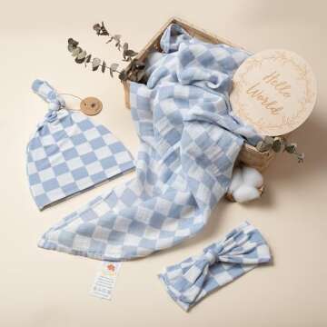 Miaoberry Checkered Muslin Swaddle Set, 100% Organic Cotton, Mist Blue,Checkerboard, Gender-Neutral, with Matching Bow, hat and Wooden Baby Arrival/Announcement Card