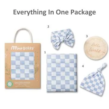 Miaoberry Checkered Muslin Swaddle Set, 100% Organic Cotton, Mist Blue,Checkerboard, Gender-Neutral, with Matching Bow, hat and Wooden Baby Arrival/Announcement Card