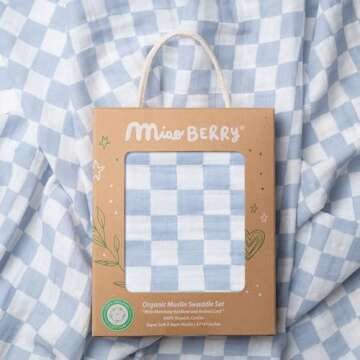 Miaoberry Checkered Muslin Swaddle Set, 100% Organic Cotton, Mist Blue,Checkerboard, Gender-Neutral, with Matching Bow, hat and Wooden Baby Arrival/Announcement Card