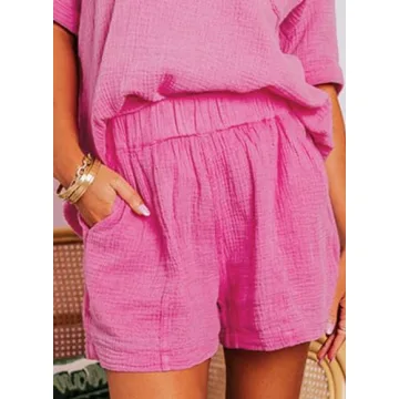 Dokotoo 2 Piece Outfits for Women Fashion Lounge Sets 2024 Summer Sexy Two Piece Solid Textured V Neck Polo Shirts and High Waist Shorts Pants with Pockets Ladies Vacation Tracksuits Rose XXL