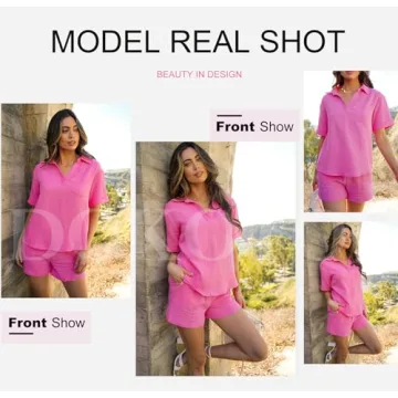 Dokotoo 2 Piece Outfits for Women Fashion Lounge Sets 2024 Summer Sexy Two Piece Solid Textured V Neck Polo Shirts and High Waist Shorts Pants with Pockets Ladies Vacation Tracksuits Rose XXL