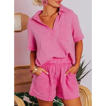 Dokotoo 2 Piece Outfits for Women Fashion Lounge Sets 2024 Summer Sexy Two Piece Solid Textured V Neck Polo Shirts and High Waist Shorts Pants with Pockets Ladies Vacation Tracksuits Rose XXL