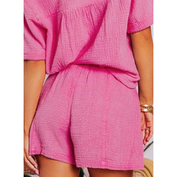 Dokotoo 2 Piece Outfits for Women Fashion Lounge Sets 2024 Summer Sexy Two Piece Solid Textured V Neck Polo Shirts and High Waist Shorts Pants with Pockets Ladies Vacation Tracksuits Rose XXL