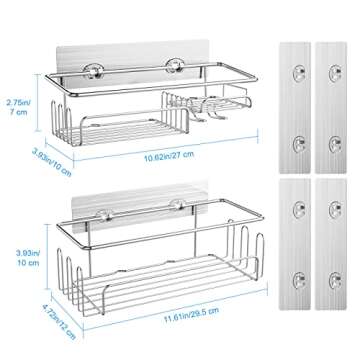 Smatorga Adhesive Shower Caddy (2 Pack), Bathroom Organizer with Soap Holder, 100% SUS304 Stainless Steel Bathroom Shower Storage Rack for Organization and Storage, Silver…