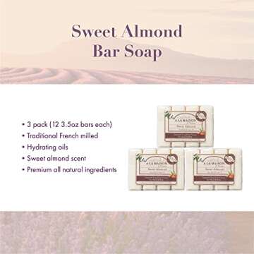A LA MAISON Sweet Almond Bar Soap -Uses: Hand and Body, Triple Milled, Essential Oils, Biodegradable...