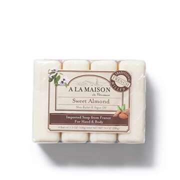 A LA MAISON Sweet Almond Bar Soap -Uses: Hand and Body, Triple Milled, Essential Oils, Biodegradable, Plant Based, Vegan, Cruelty-Free, Alcohol & Paraben Free (8 Bars of Soap, 3.5 oz)