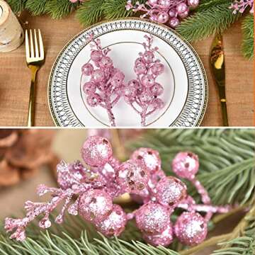 Artiflr 14 Pack Christmas Glitter Berries Stems Clearance, 7.8 Inch Artificial Pink Christmas Picks ...