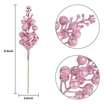 Artiflr 14 Pack Christmas Glitter Berries Stems Clearance, 7.8 Inch Artificial Pink Christmas Picks for Christmas Tree Ornaments, DIY Xmas Wreath, Crafts, Holiday and Home Decor (Pink)