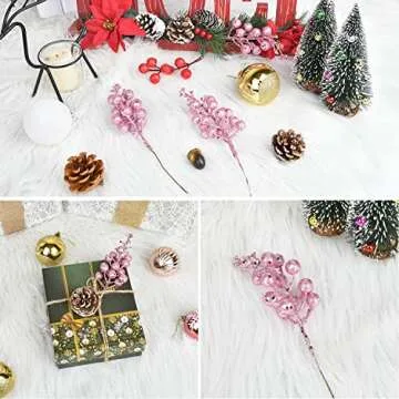 Artiflr 14 Pack Christmas Glitter Berries Stems Clearance, 7.8 Inch Artificial Pink Christmas Picks for Christmas Tree Ornaments, DIY Xmas Wreath, Crafts, Holiday and Home Decor (Pink)