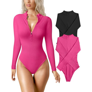 OQQ Women's 2 Piece Bodysuits Sexy Ribbed One Piece Zip Front Long Sleeve Tops Bodysuits Black Rose3