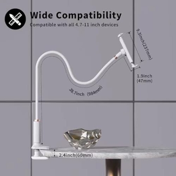 Niumowa Gooseneck Tablet Holder - Flexible Tablet Stand, Tablet Holder,Cell Phone Holder,Cell Phone Stand, Flexible Adjustable Arm in Bed for/Mobile Phone/Switch/etc, 98 cm Total Length (White)