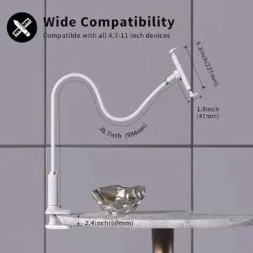 Niumowa Gooseneck Tablet Holder - Flexible Tablet Stand, Tablet Holder,Cell Phone Holder,Cell Phone Stand, Flexible Adjustable Arm in Bed for/Mobile Phone/Switch/etc, 98 cm Total Length (White)