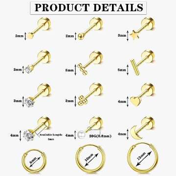 LOLIAS Small Hypoallergenic Flat Back Stud Earrings for Women Men 14K Gold Plated Surgical Stainless Steel Earring Sets Tiny Screw Back Cartilage Earring (Gold)